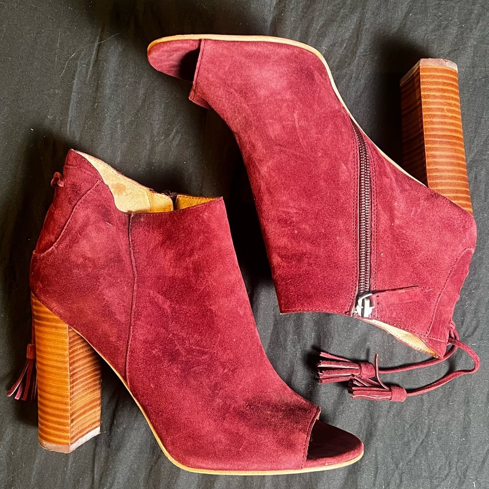 Burgundy suede open-toe booties with a wooden heel